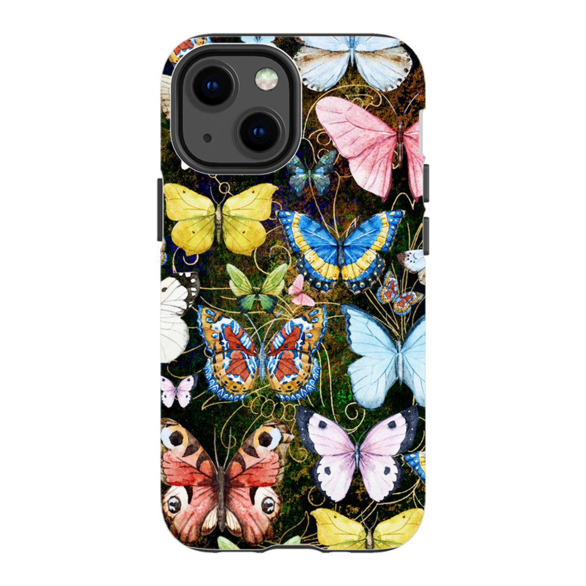 iPhone Tough Case featuring a vibrant, multi-colored butterfly pattern on a dark, textured background.