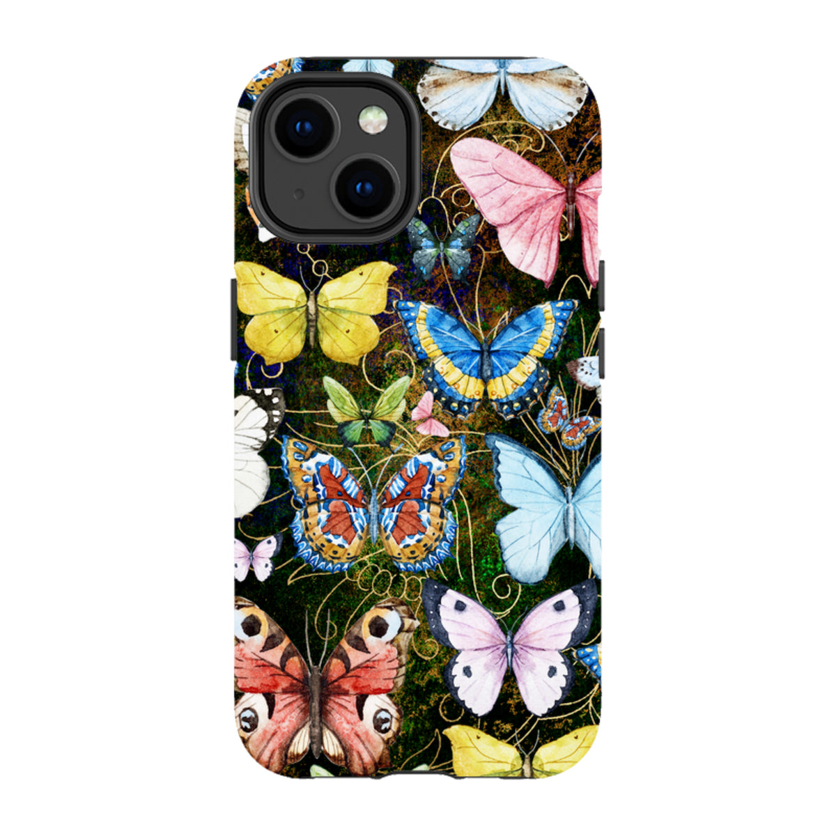 iPhone Tough Case featuring a vibrant, high-definition watercolor butterfly pattern on a dark, textured background.
