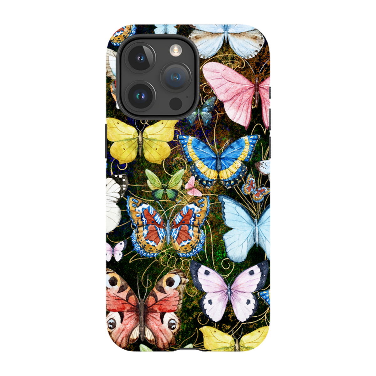iPhone Tough Case featuring a vibrant, high-definition butterfly pattern on a dark, textured background with dual-layer protection.