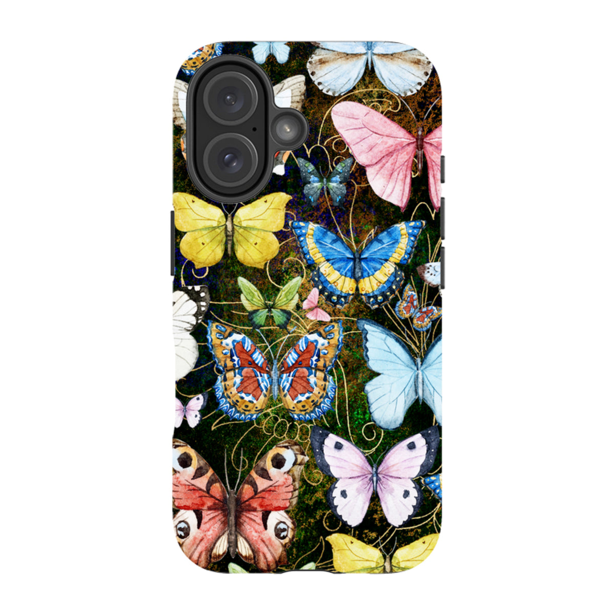 iPhone tough case featuring a colorful watercolor butterfly pattern on a dark background with dual-layer protection.