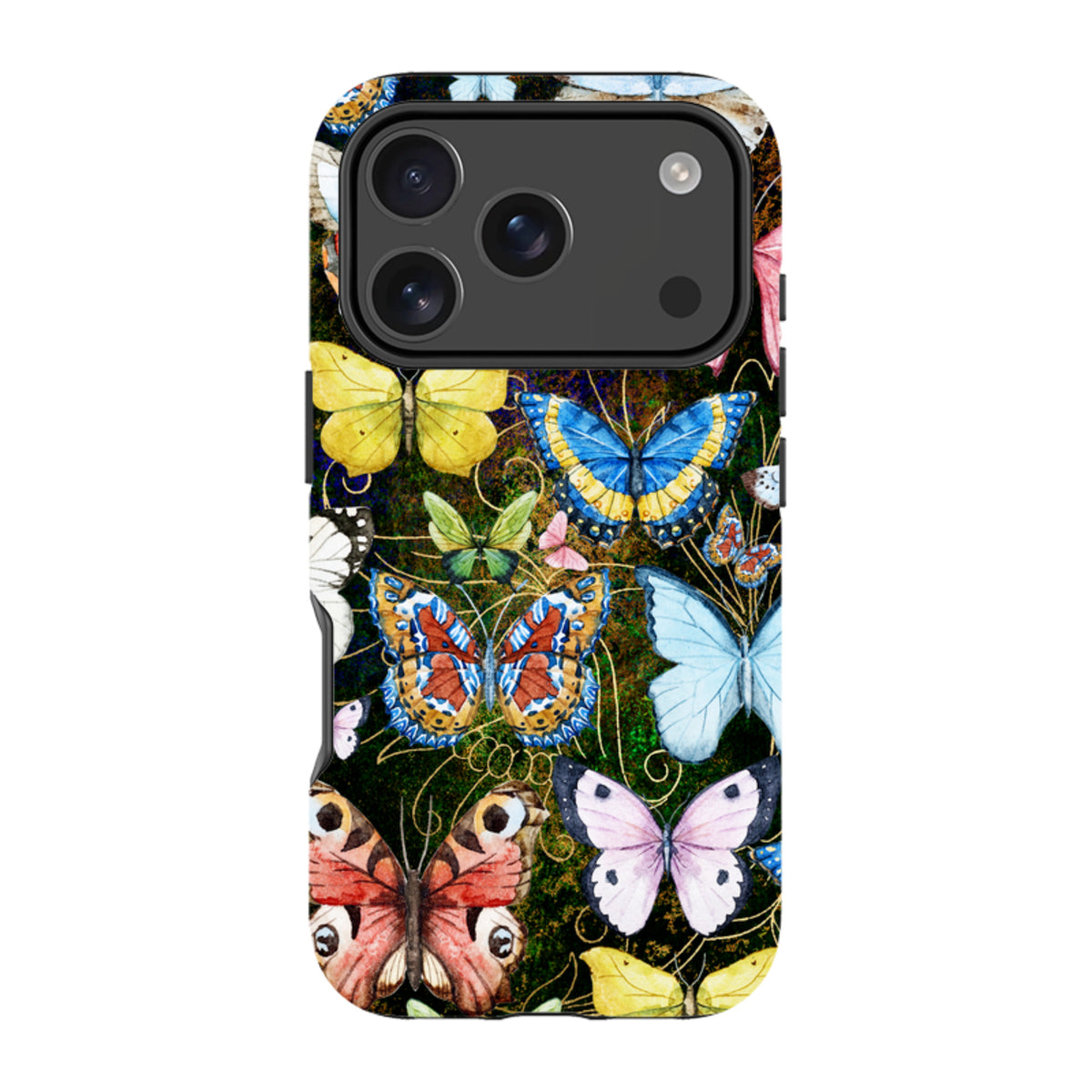 iPhone Tough Case featuring a vibrant, high-definition watercolor butterfly pattern on a dark, textured background.