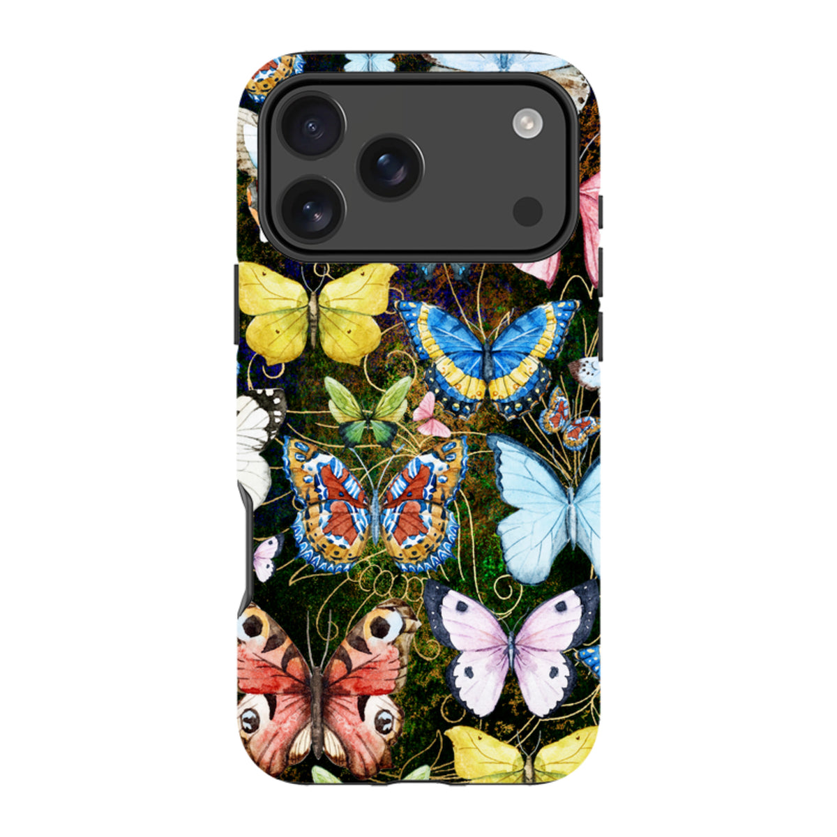 Dual-layer iPhone tough case featuring a vibrant, artistic butterfly pattern on a dark, textured background.
