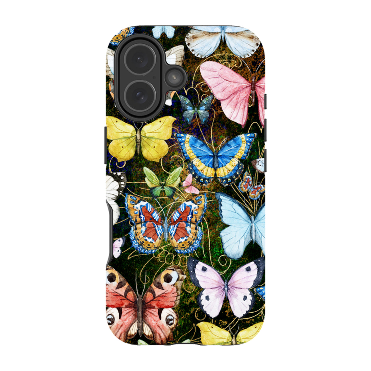iPhone tough case featuring a colorful butterfly pattern on a dark background with dual-layer protective construction.