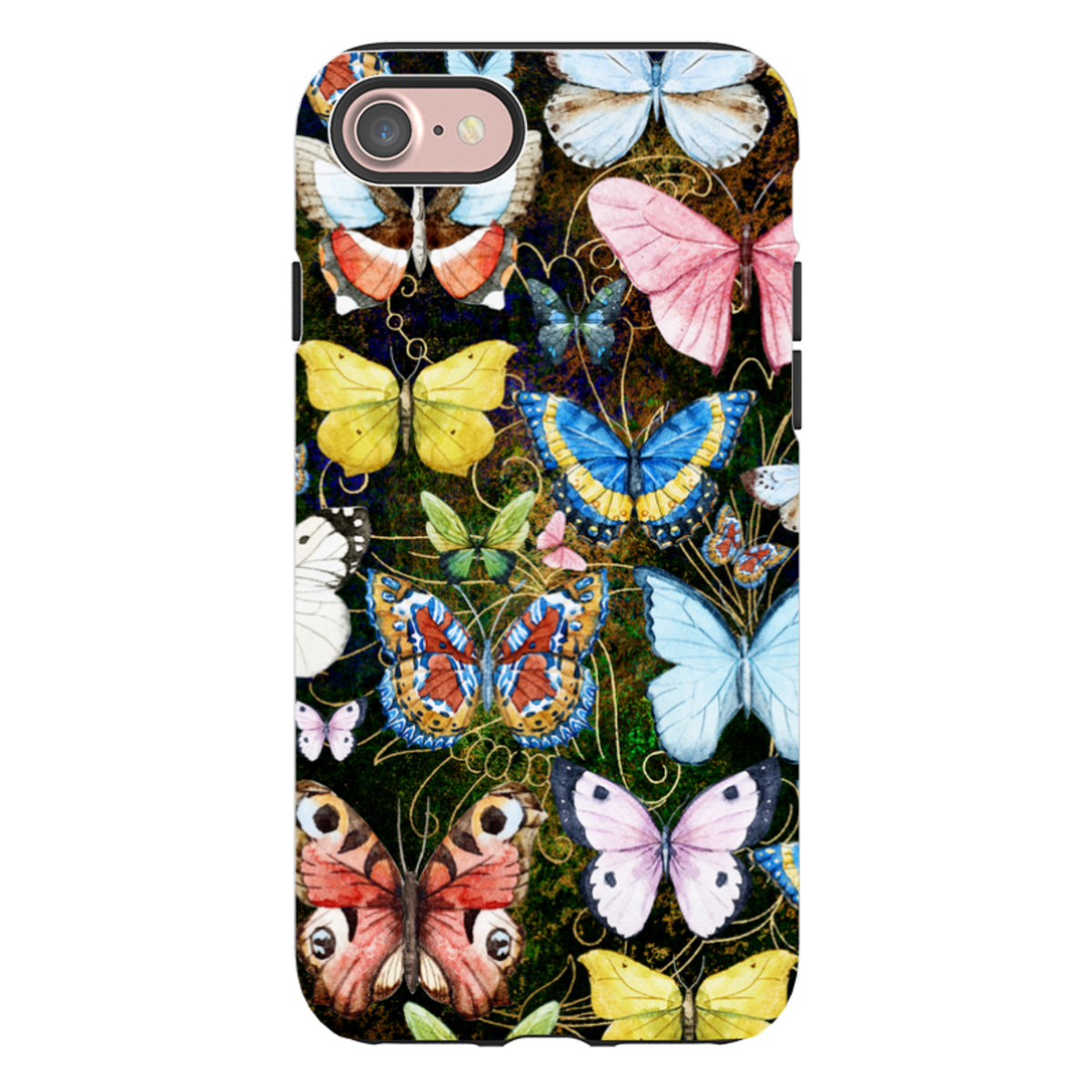 iPhone tough case featuring a colorful, high-definition butterfly collage pattern on a dark, swirling background.