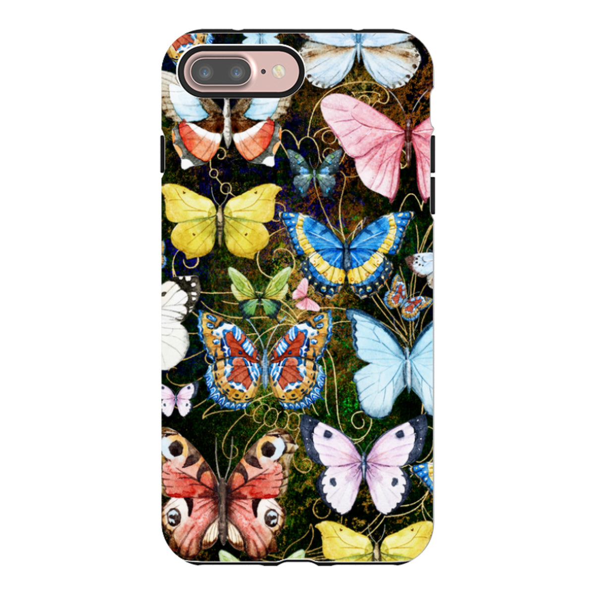 iPhone Tough Case featuring a vibrant, high-definition butterfly pattern on a dark background with dual-layer protection.