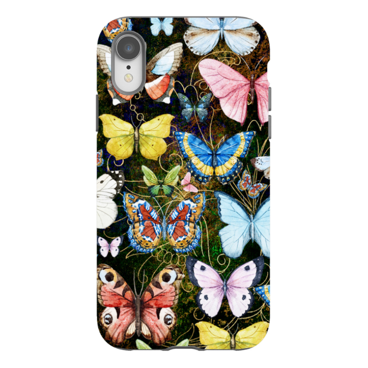 iPhone tough case featuring a vibrant, high-definition butterfly pattern on a dark, textured background.