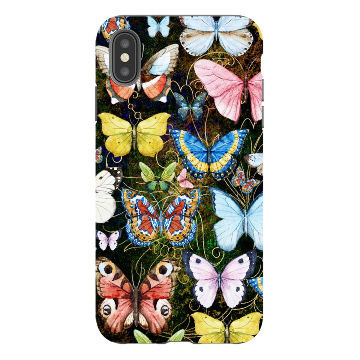 iPhone Tough Case featuring a vibrant, high-definition watercolor butterfly pattern on a dark, textured background.
