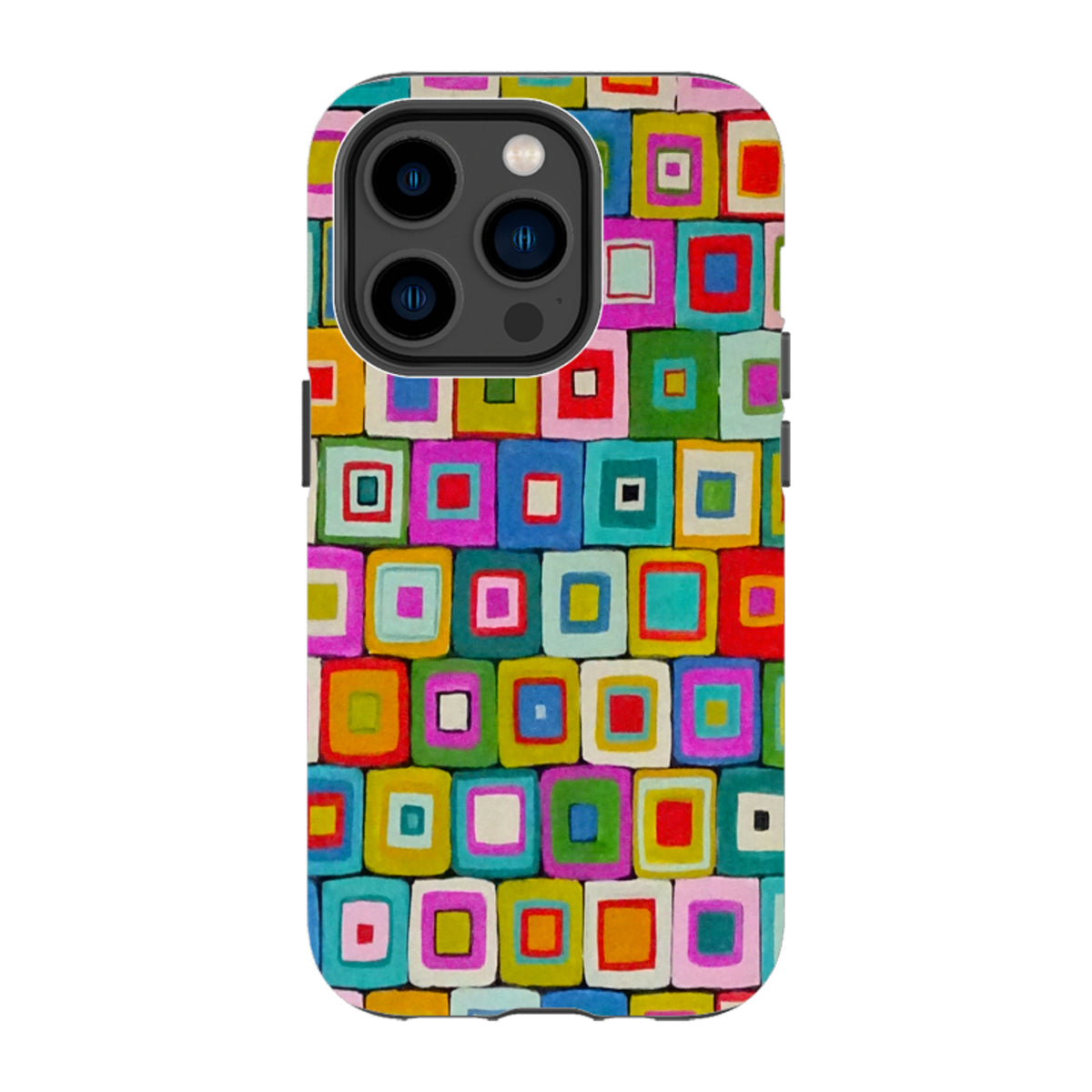 iPhone tough case featuring a colorful, hand-painted square pattern by Sarah Campbell with a protective dual-layer design.