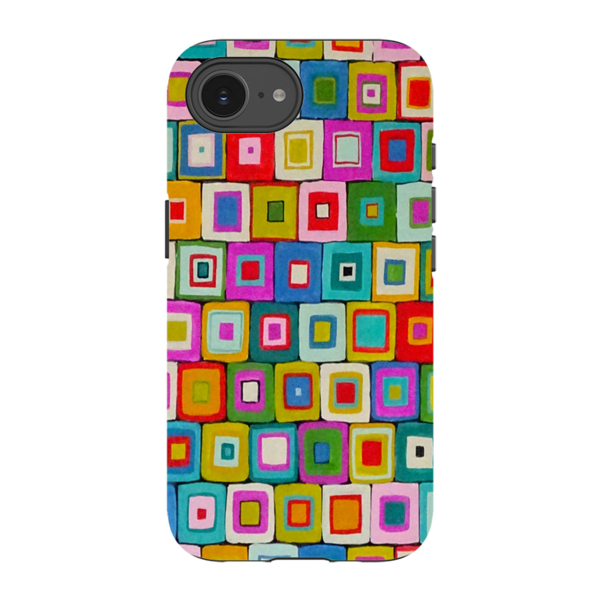 iPhone tough case featuring a colorful, vibrant geometric square pattern by Sarah Campbell with dual-layer protection.