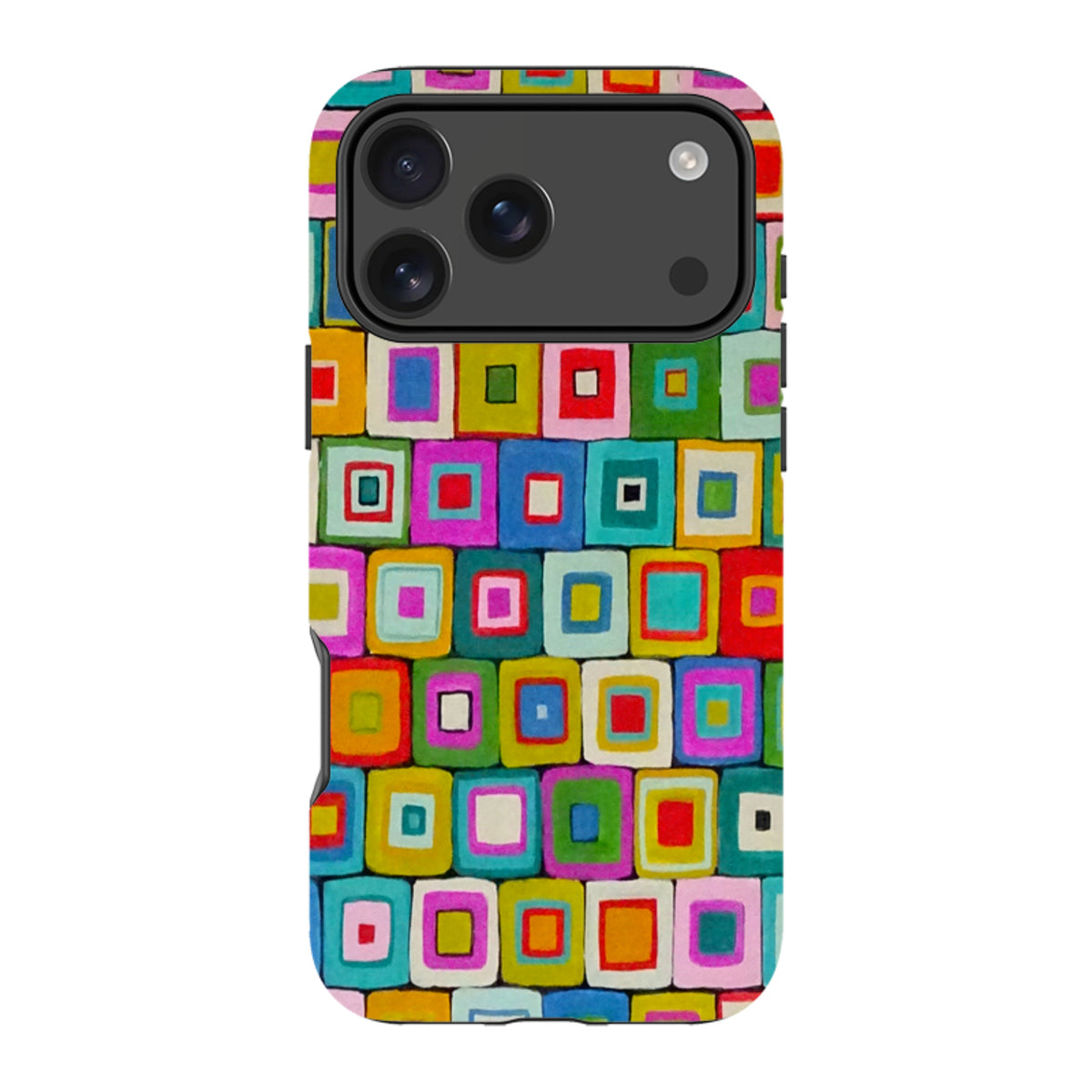 iPhone tough case featuring a vibrant, multicolored square pattern by Sarah Campbell with a protective dual-layer design.