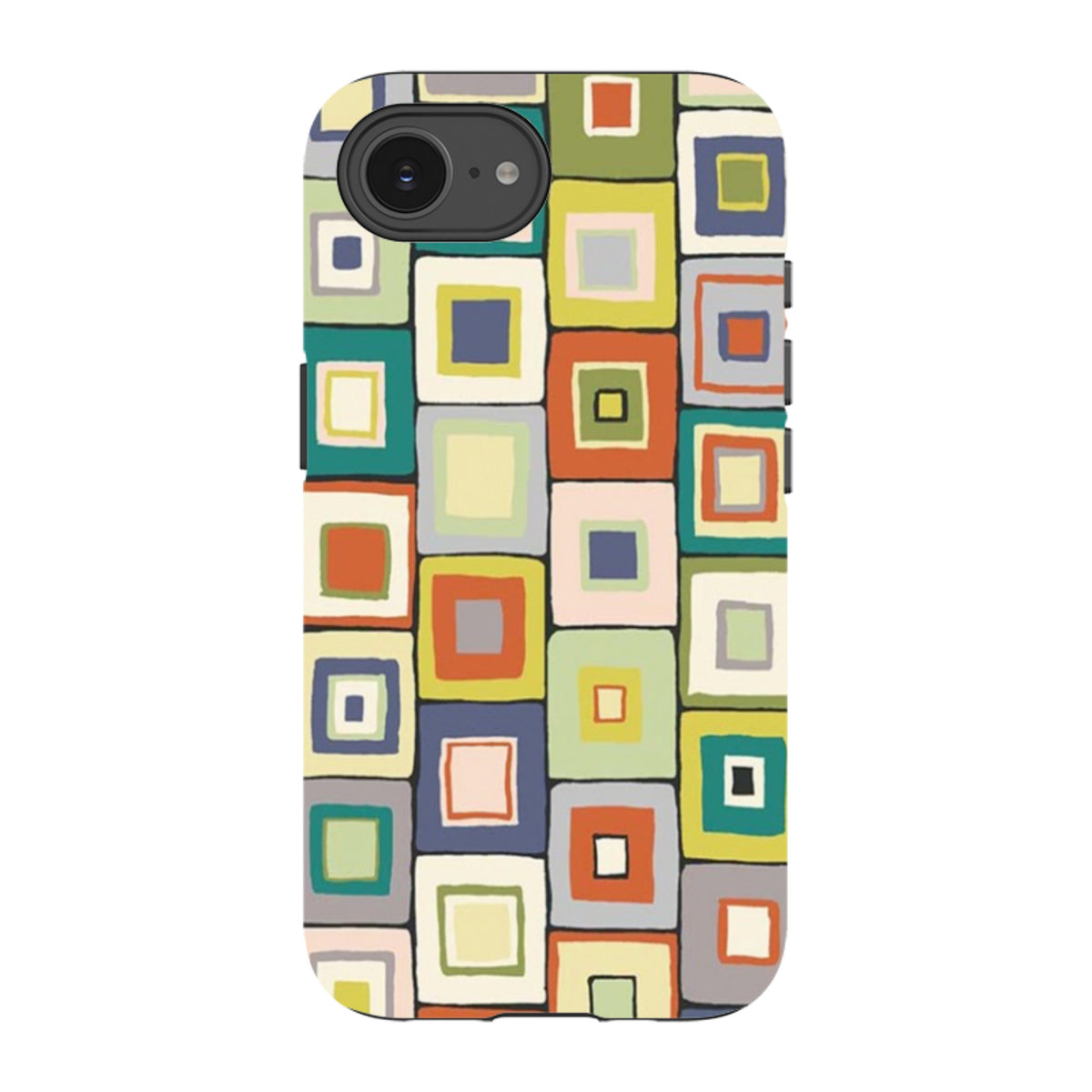 iPhone tough case featuring a colorful, hand-drawn square grid pattern by Sarah Campbell with dual-layer protection.
