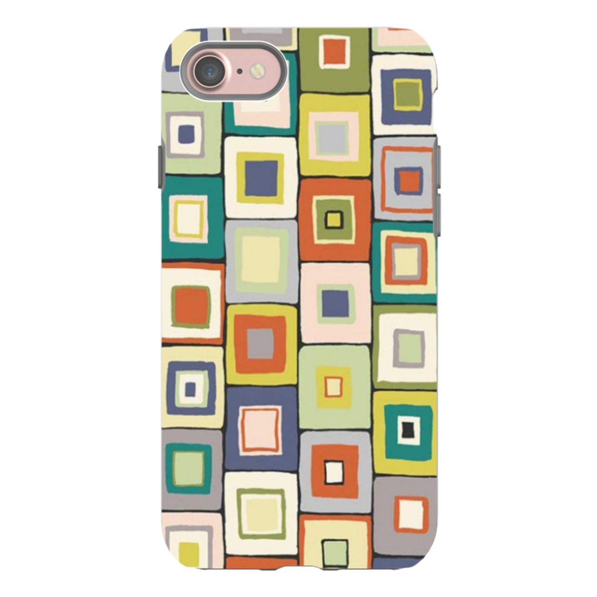 iPhone tough case featuring a colorful, geometric square pattern by Sarah Campbell with a shock-absorbing dual-layer design.