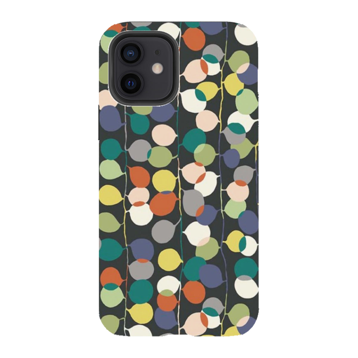 iPhone tough case featuring Sarah Campbell's colorful, overlapping fairylight circle pattern on a dark background.