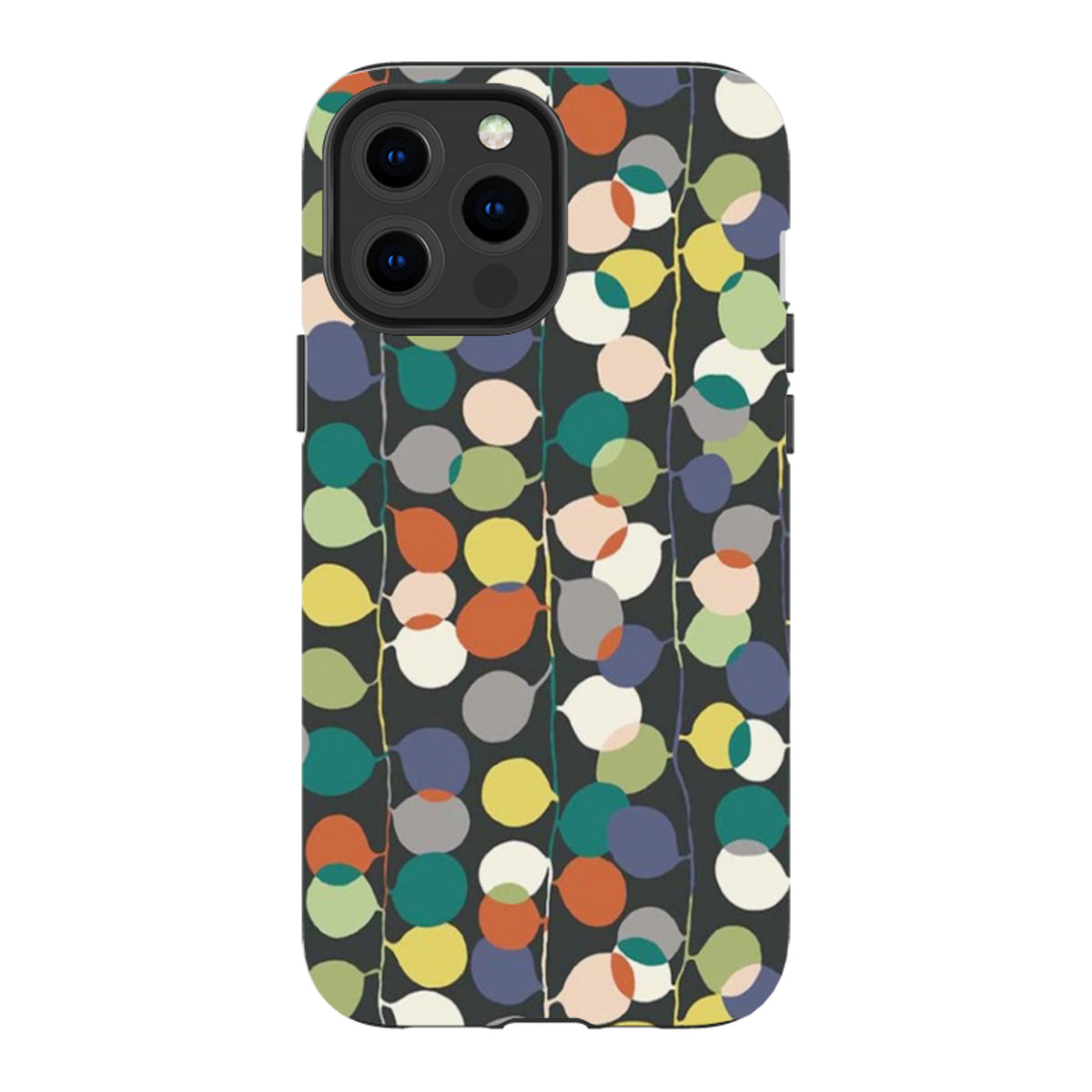 iPhone tough case featuring a colorful, overlapping fairylight pattern on a dark background with dual-layer protection.