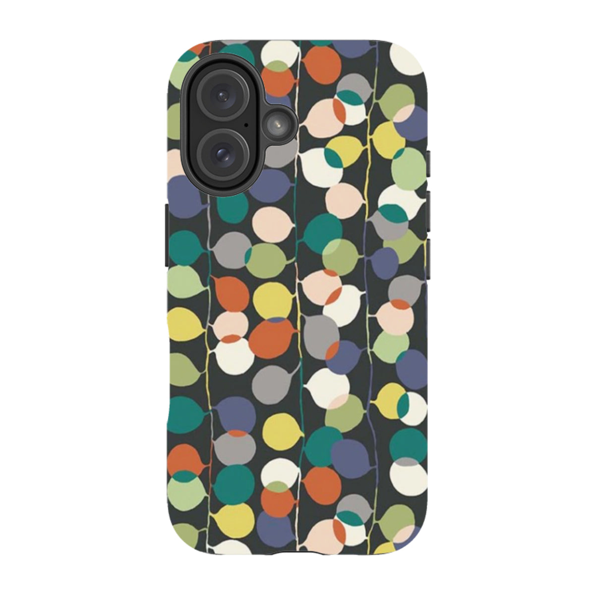 iPhone tough case featuring Sarah Campbell’s colorful, overlapping fairylights pattern on a dark background.