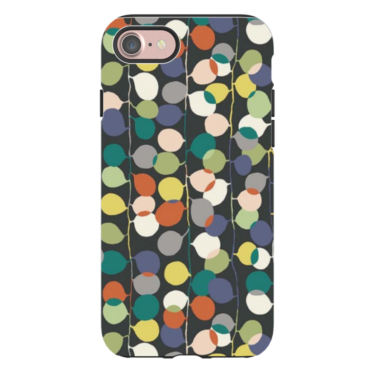 iPhone tough case with a colorful, overlapping circular fairylights pattern on a black background and dual-layer protection.