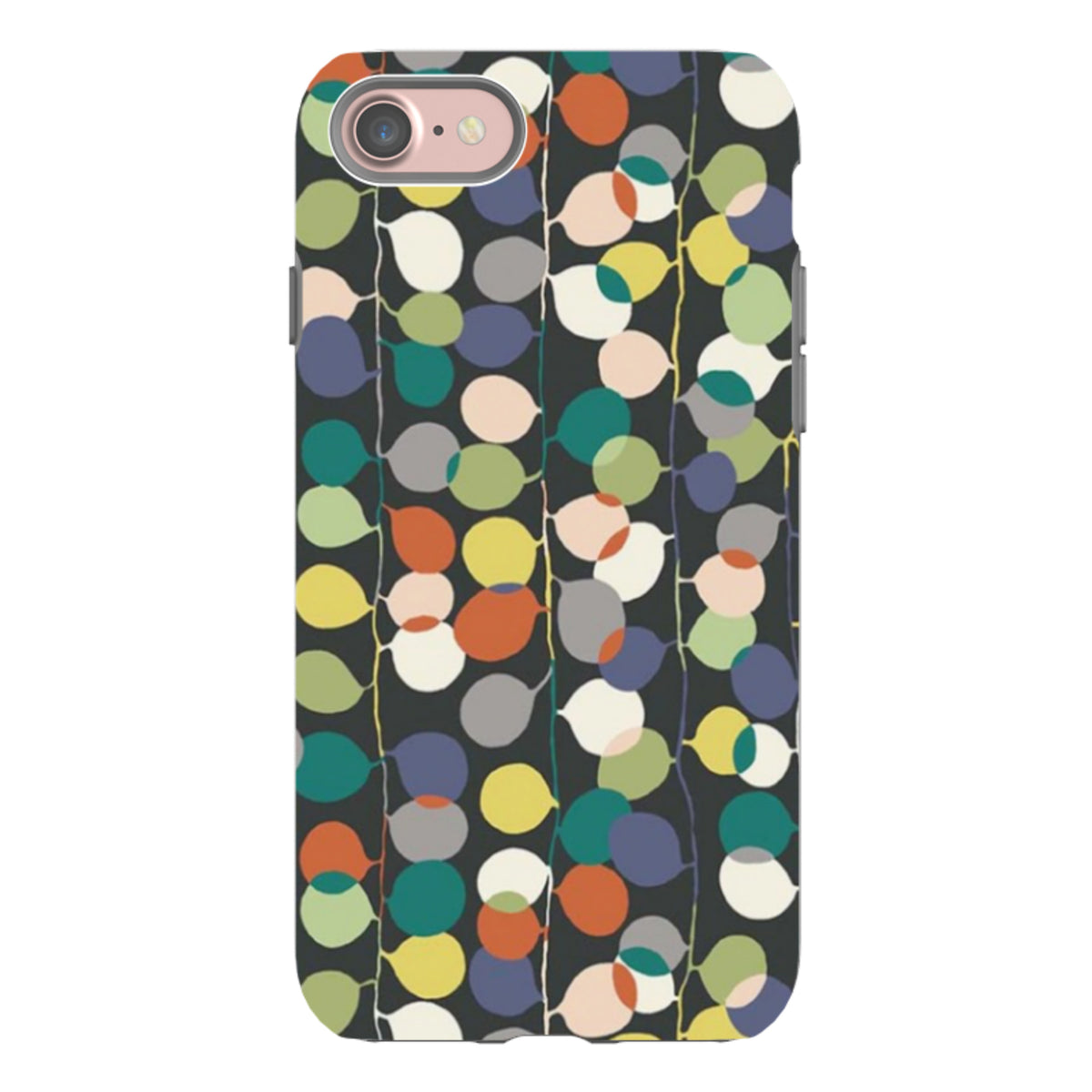 iPhone Tough Case featuring a colorful, abstract fairylights pattern on a black background with dual-layer protection.