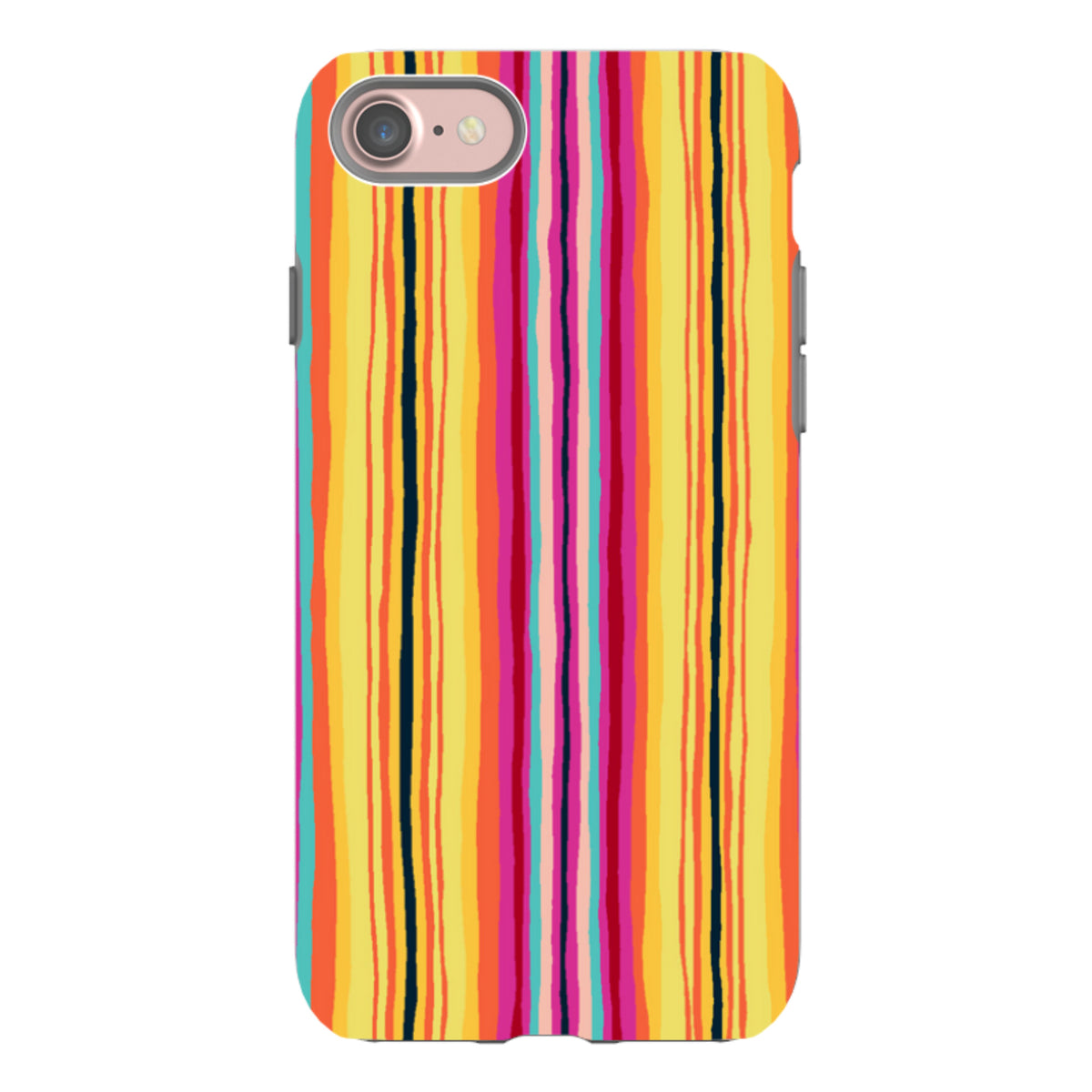 iPhone tough case featuring Sarah Campbell's vibrant, multi-colored vertical stripe artwork on a durable dual-layer shell.
