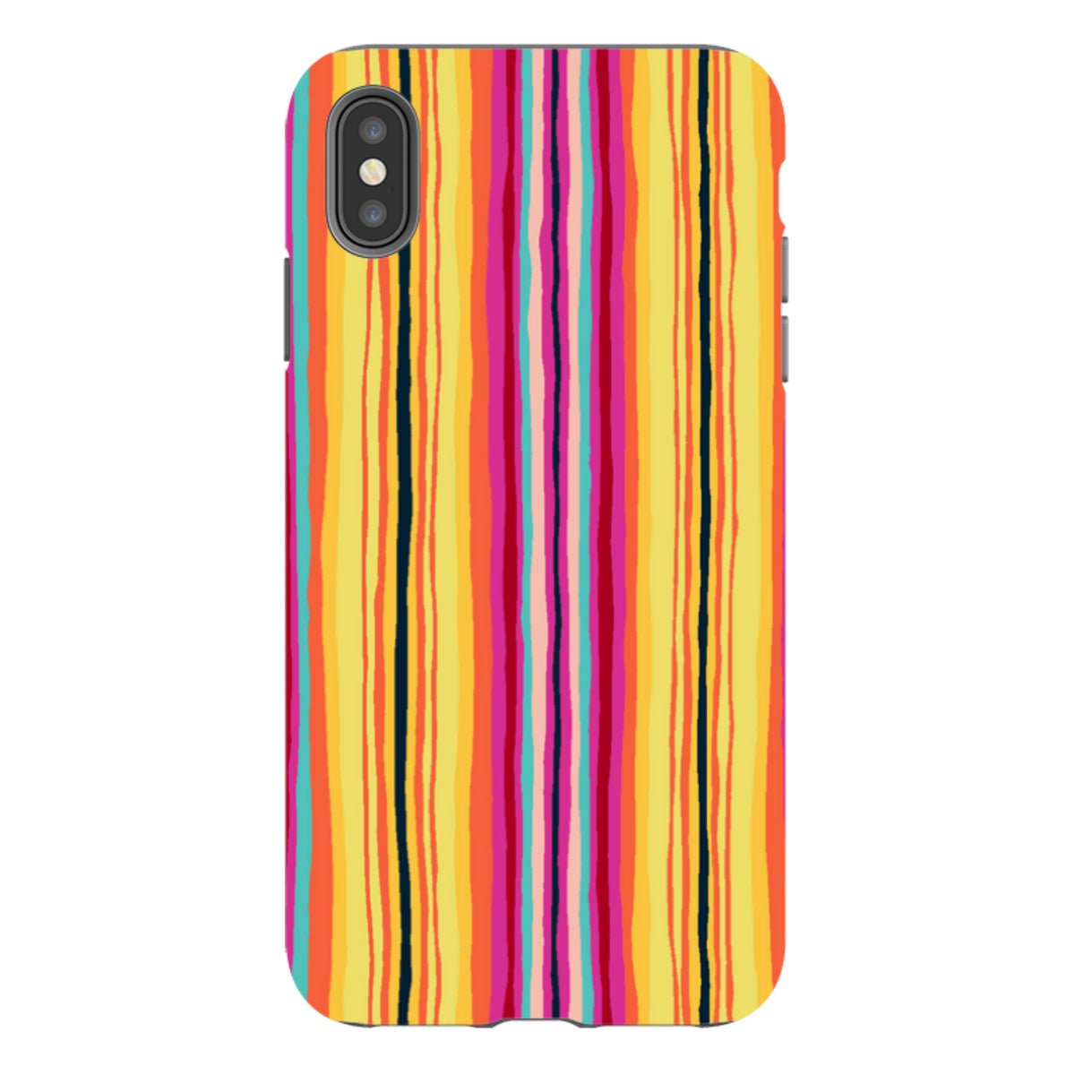 iPhone tough case with vibrant, vertical multicolored stripes in yellow, orange, pink, and blue by Sarah Campbell.