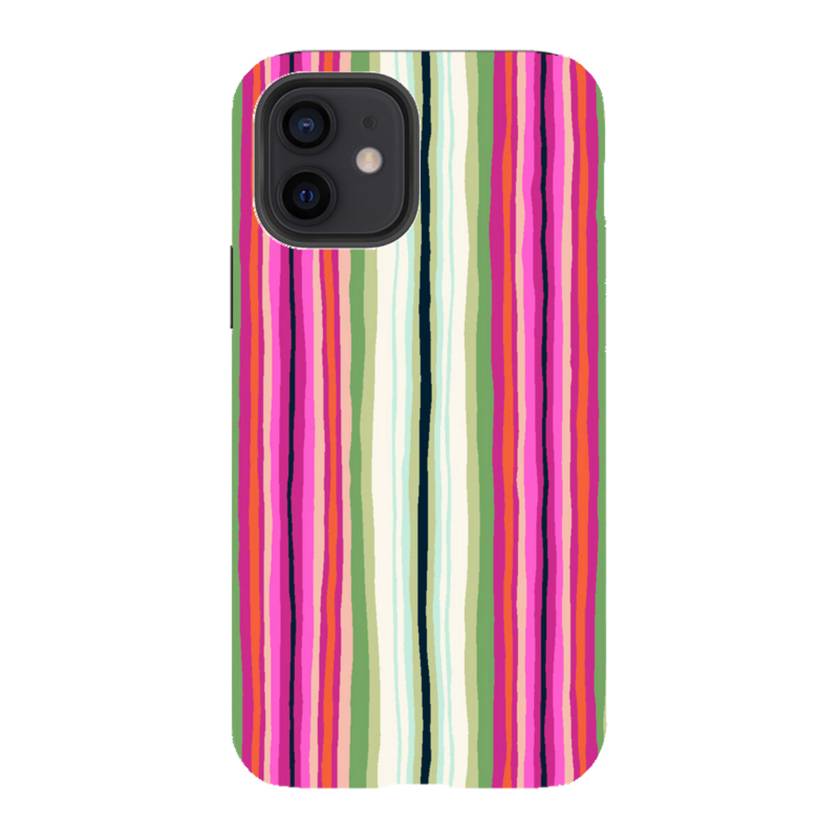 iPhone tough case featuring Sarah Campbell’s Atelier Stripe Windflower design with vibrant vertical multicolored lines.