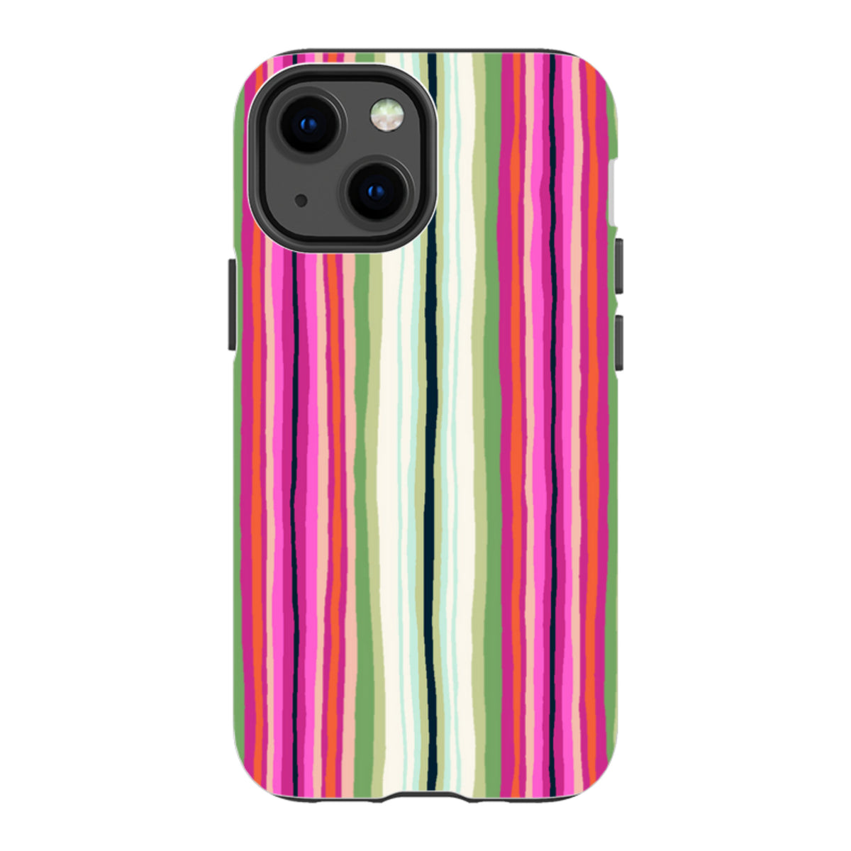 iPhone tough case with a vibrant, multi-colored vertical stripe pattern in pink, green, and cream by Sarah Campbell.