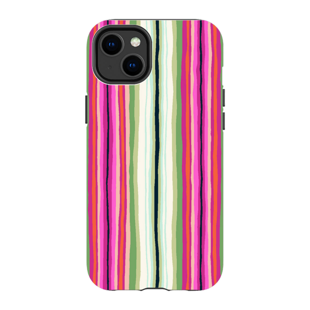 iPhone tough case featuring Sarah Campbell’s colorful vertical stripe design in pink, green, and white on a durable shell.