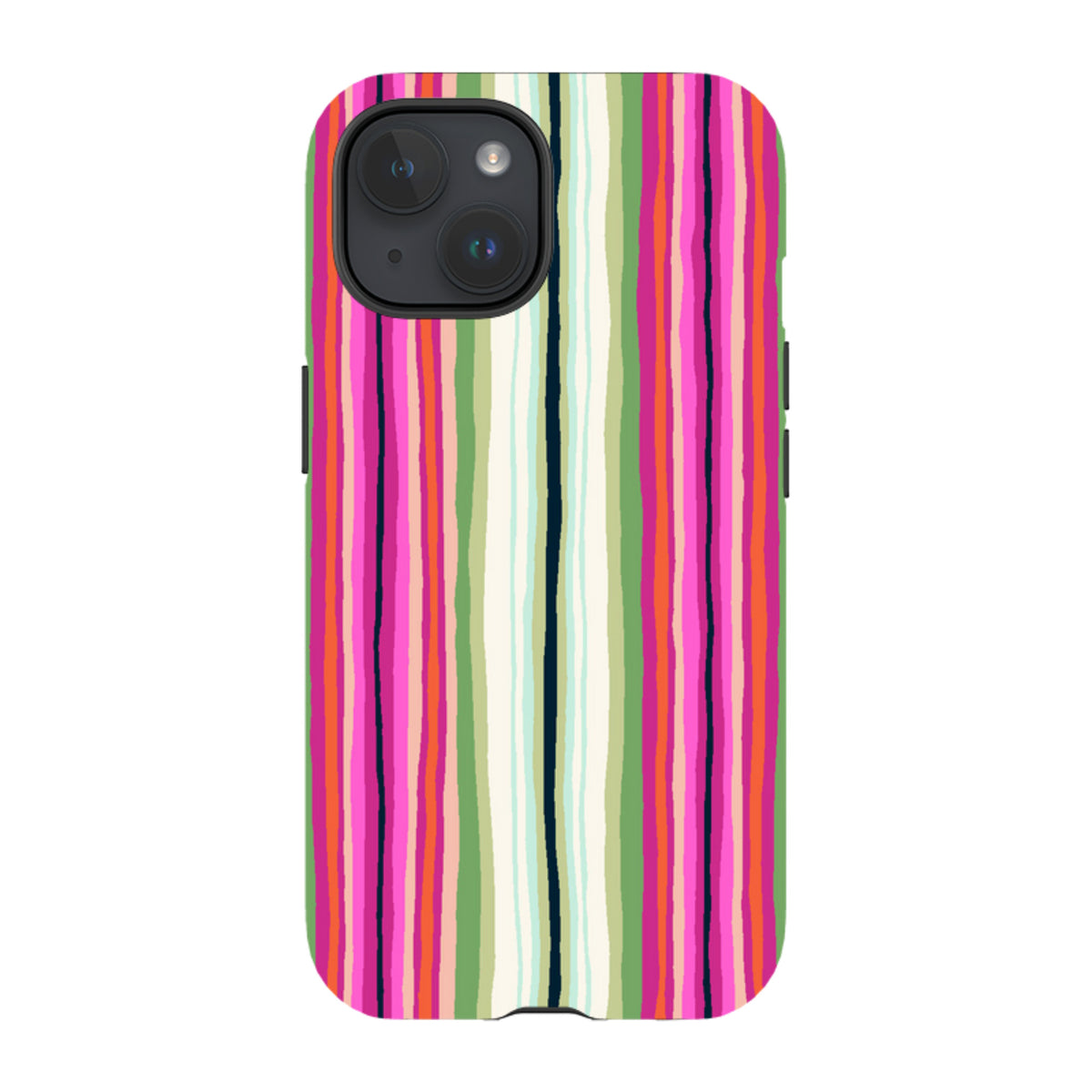 iPhone tough case featuring Sarah Campbell's Atelier Stripe Windflower design with vibrant vertical multicolored stripes.