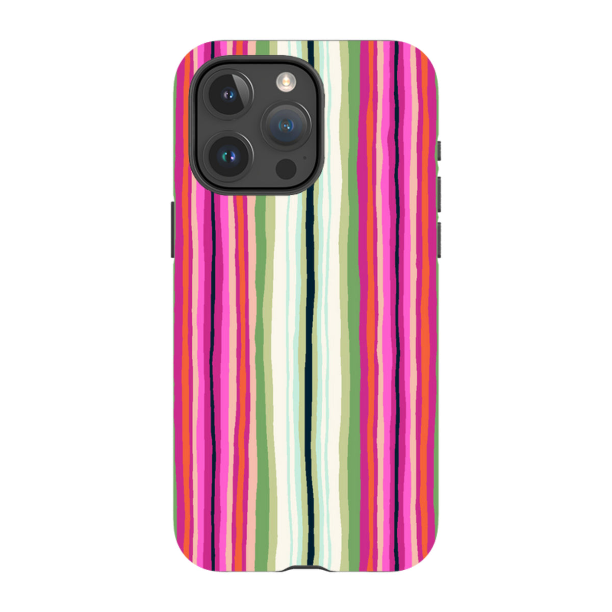 iPhone tough case featuring Sarah Campbell’s Atelier Stripe Windflower design with vibrant vertical multicolored stripes.