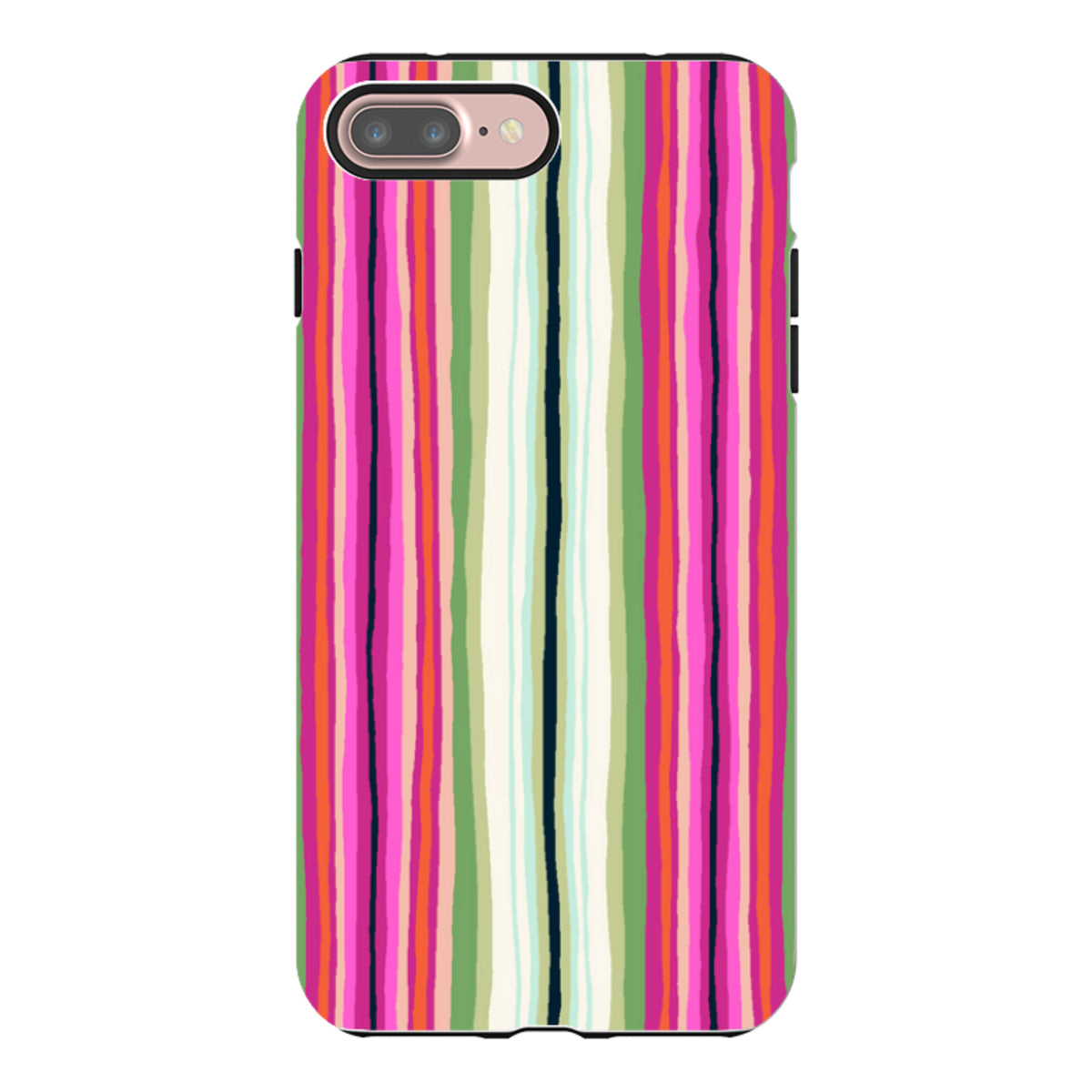 iPhone tough case with a colorful vertical stripe pattern in pink, green, and orange on a durable dual-layer shell.