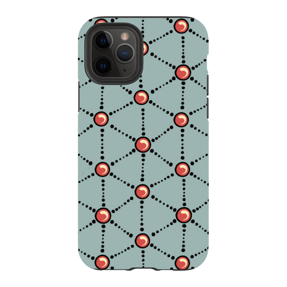 iPhone Tough Case featuring a blue-grey geometric pattern with black dotted lines and red circular accents.