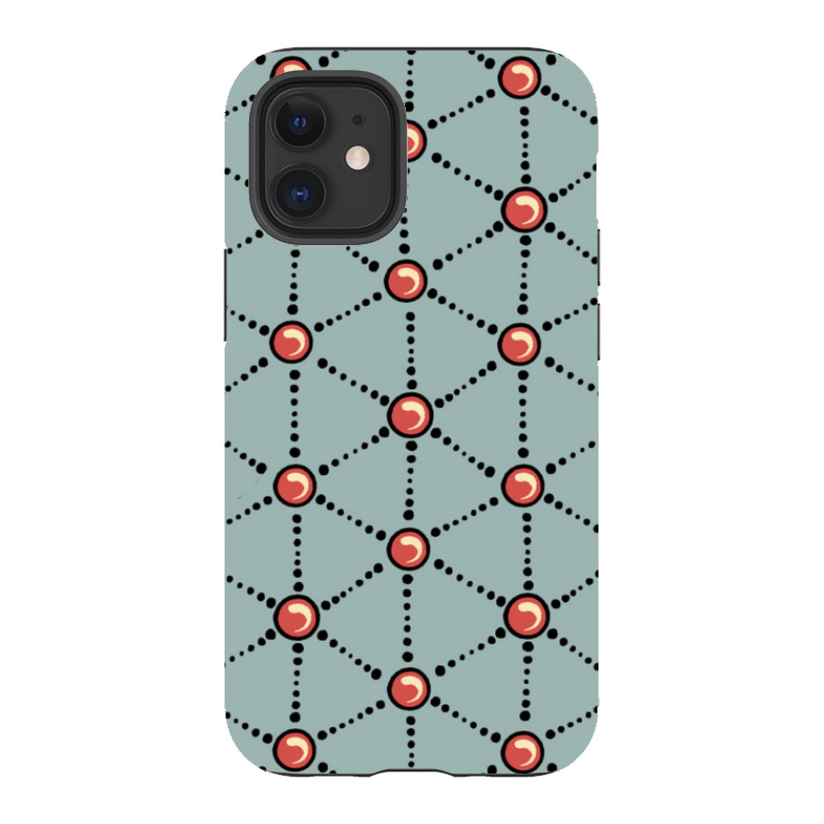iPhone tough case with a light blue background, featuring a geometric pattern of black dotted lines and red circular accents.