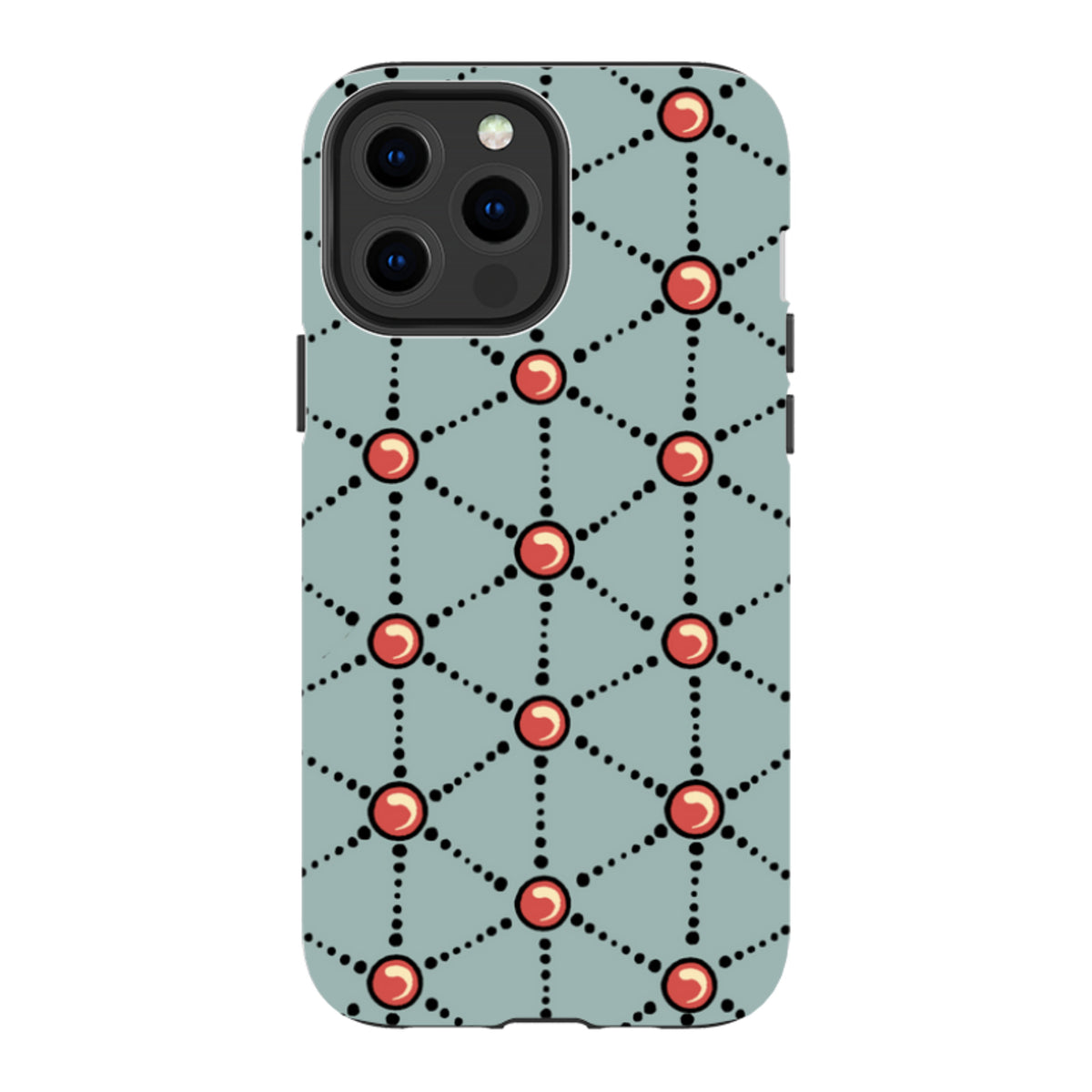 Dual-layer iPhone tough case with a blue geometric pattern featuring red dots and black dotted lines by Cressida Bell.