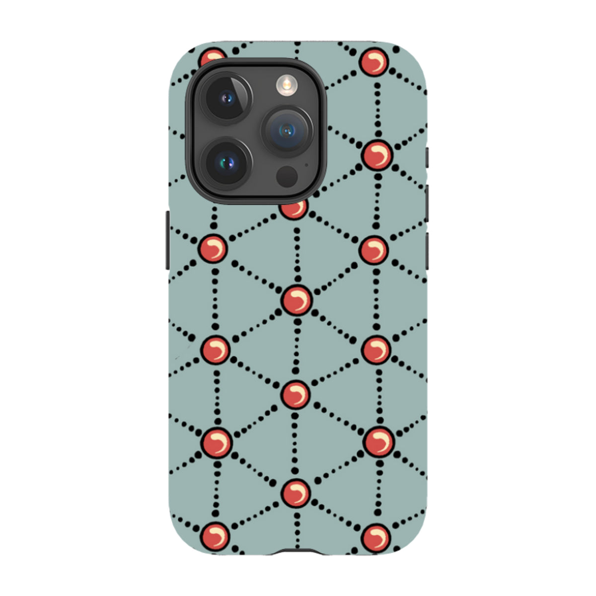 iPhone tough case with a light blue background, featuring a geometric pattern of black dotted lines and red spheres.