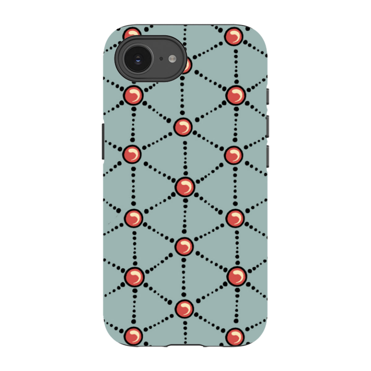 iPhone Tough Case featuring Cressida Bell’s Atomic pattern with red dots and black dotted lines on a light blue background.