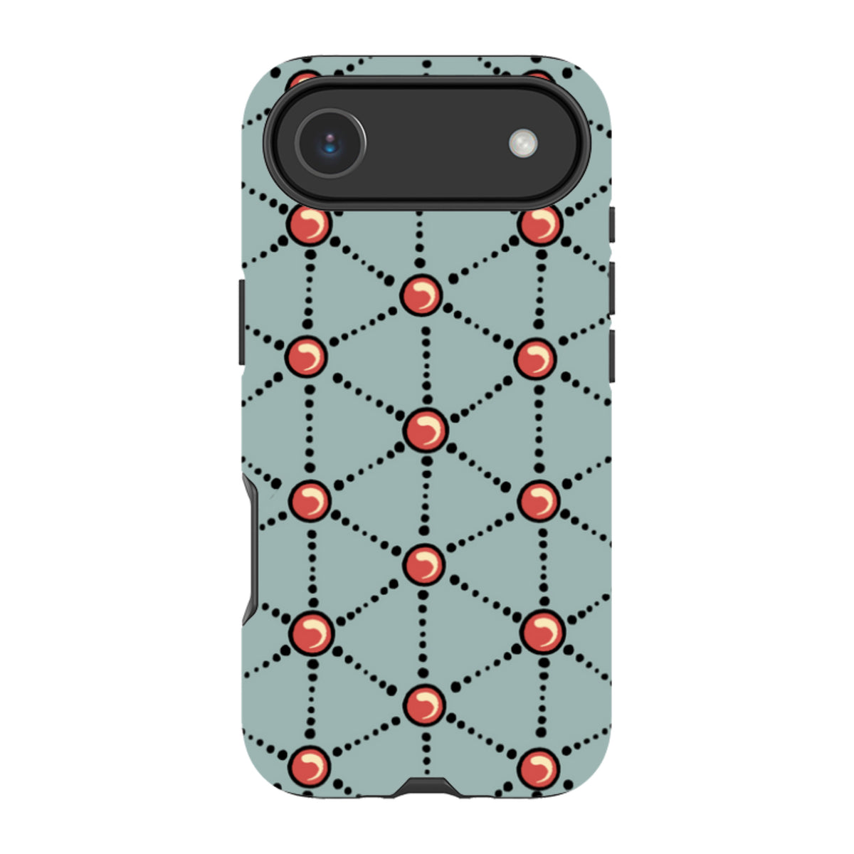 Dual-layer iPhone case with a blue background, black dotted geometric grid, and red circular accents by Cressida Bell.