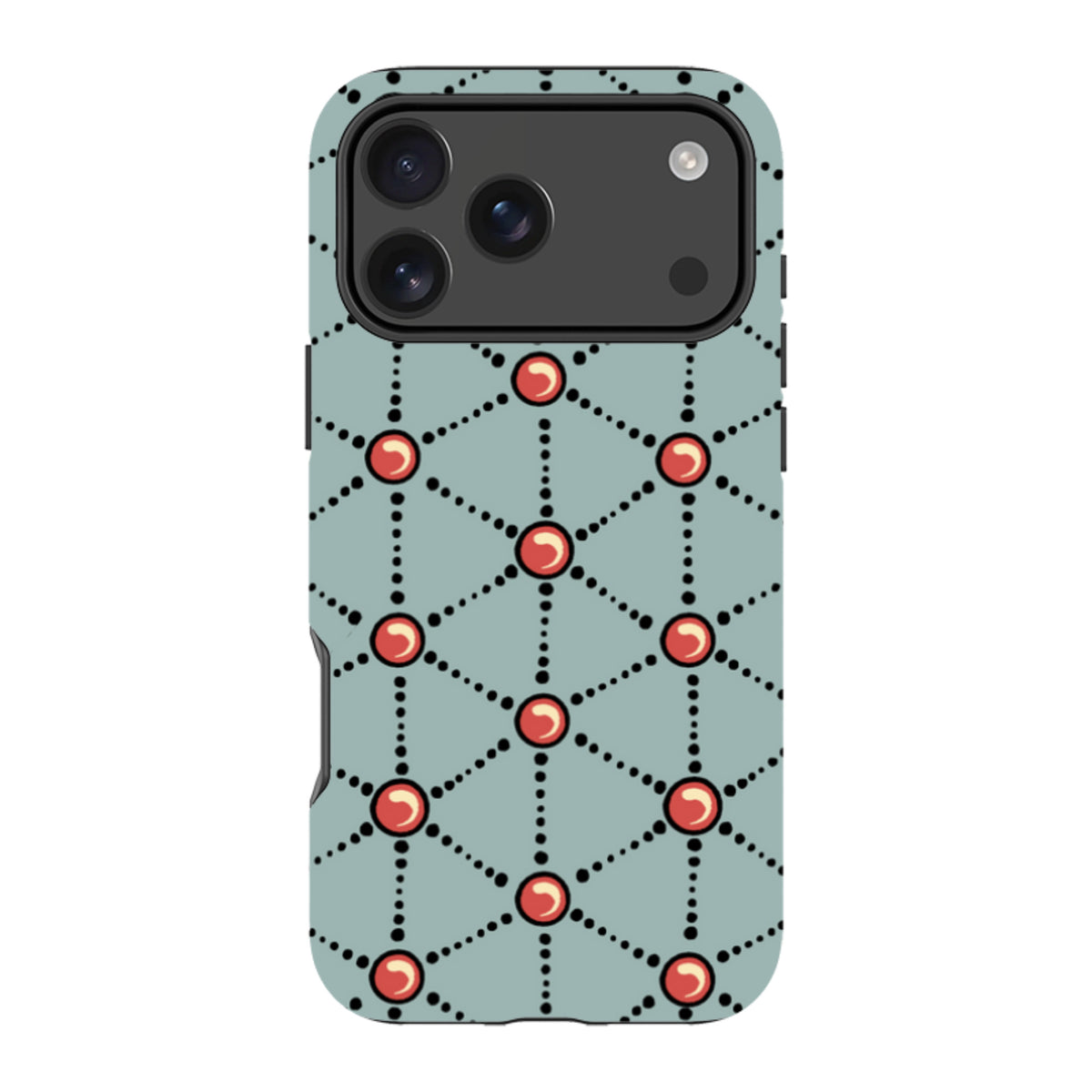 iPhone Tough Case featuring Cressida Bell’s Atomic pattern with red spheres and black dotted lines on a light blue background.