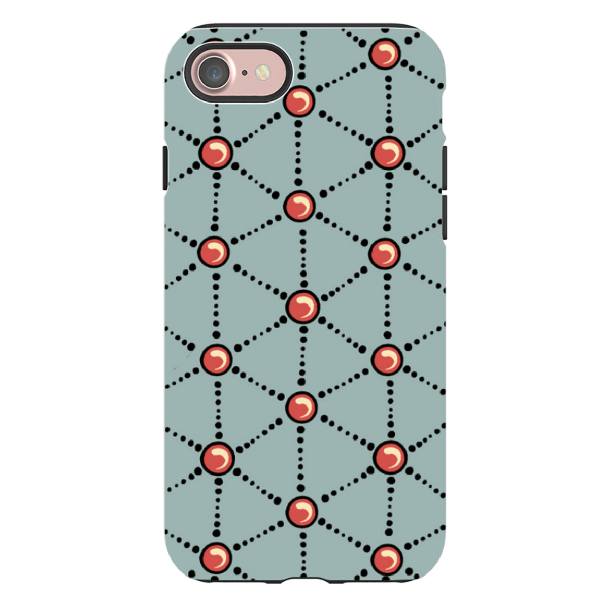 iPhone tough case with a light blue background, featuring a geometric pattern of black dotted lines and red circles.