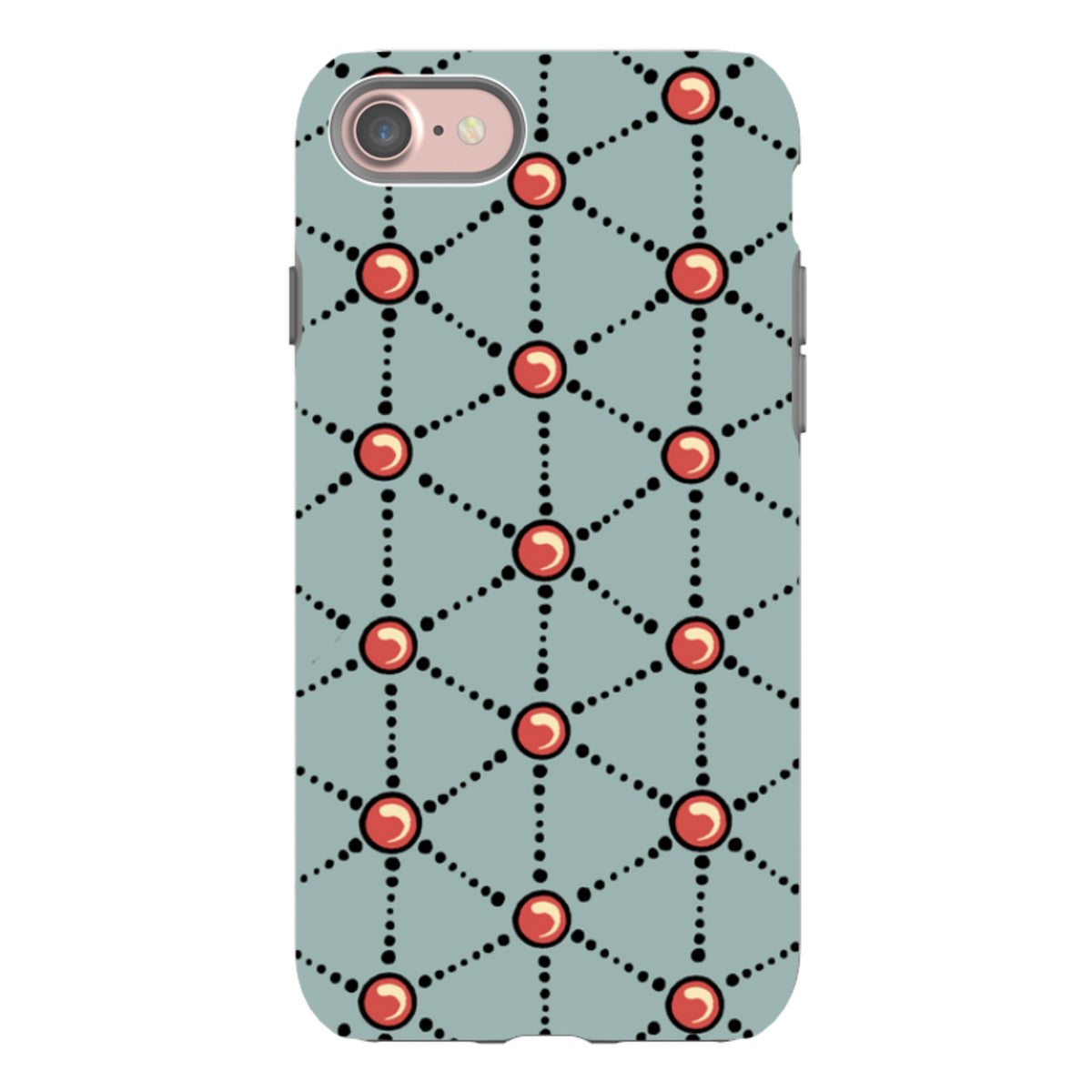 iPhone Tough Case featuring a blue background with a geometric pattern of black dotted lines and red circular accents.