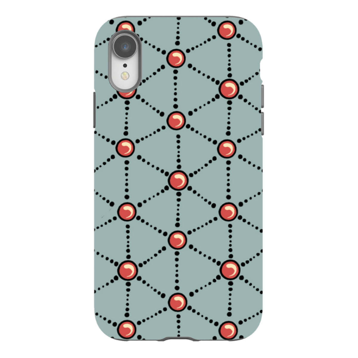 iPhone tough case featuring a blue geometric pattern with black dotted lines and red circular accents.