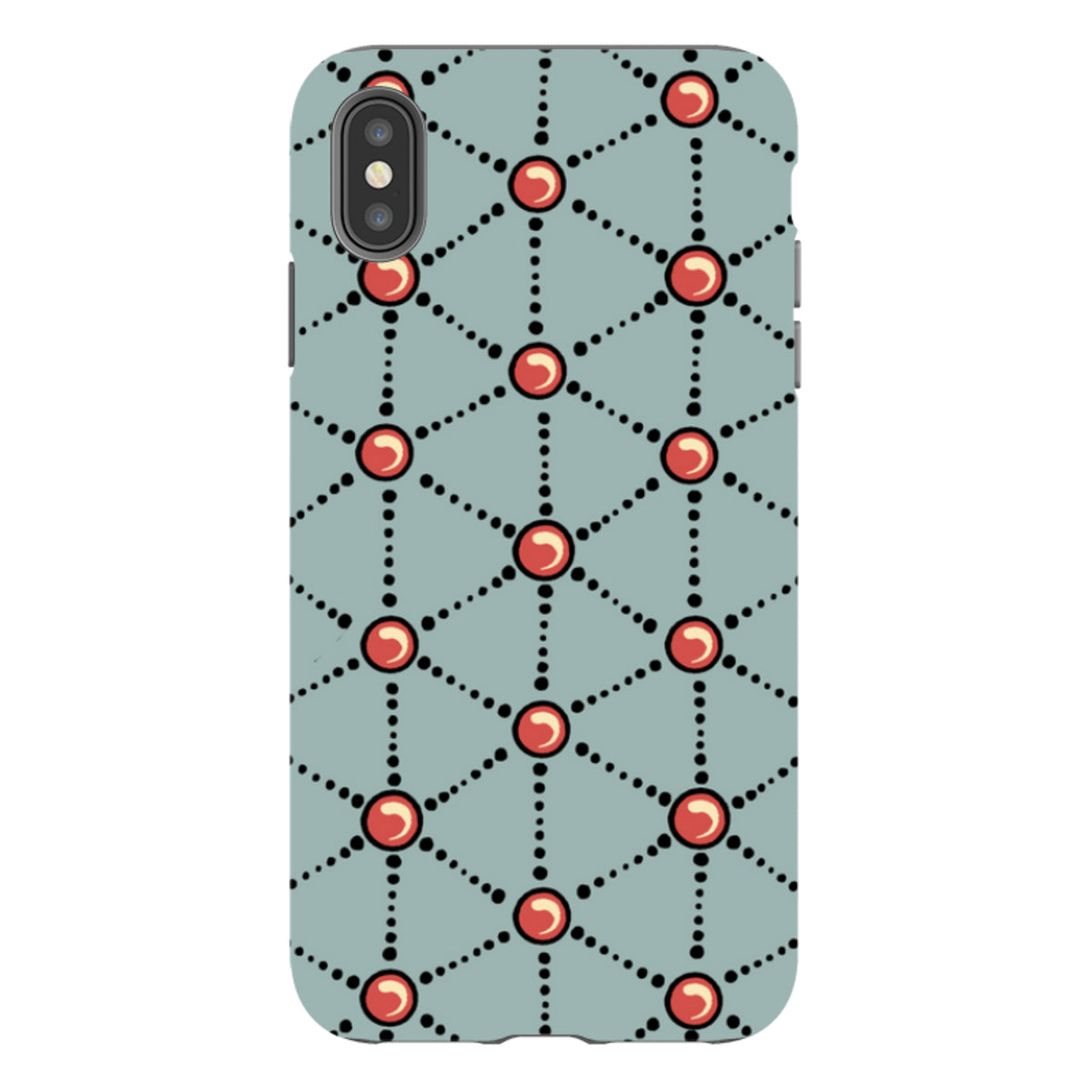 iPhone tough case with a light blue background featuring a geometric pattern of black dotted lines and red circles.