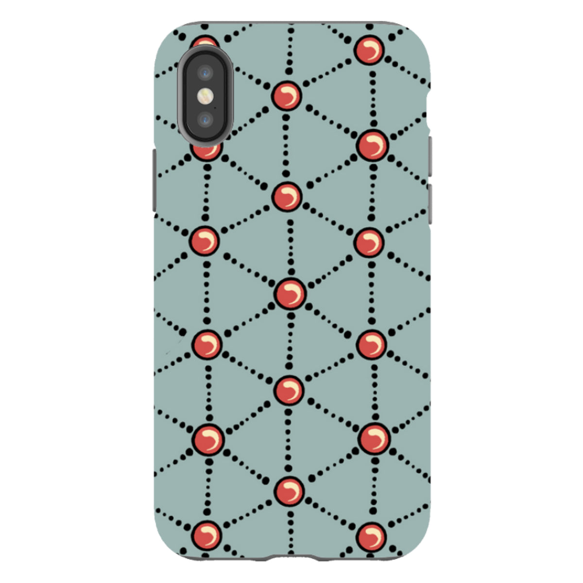 iPhone tough case with a blue geometric Atomic pattern by Cressida Bell, featuring red dots and black dotted lines.