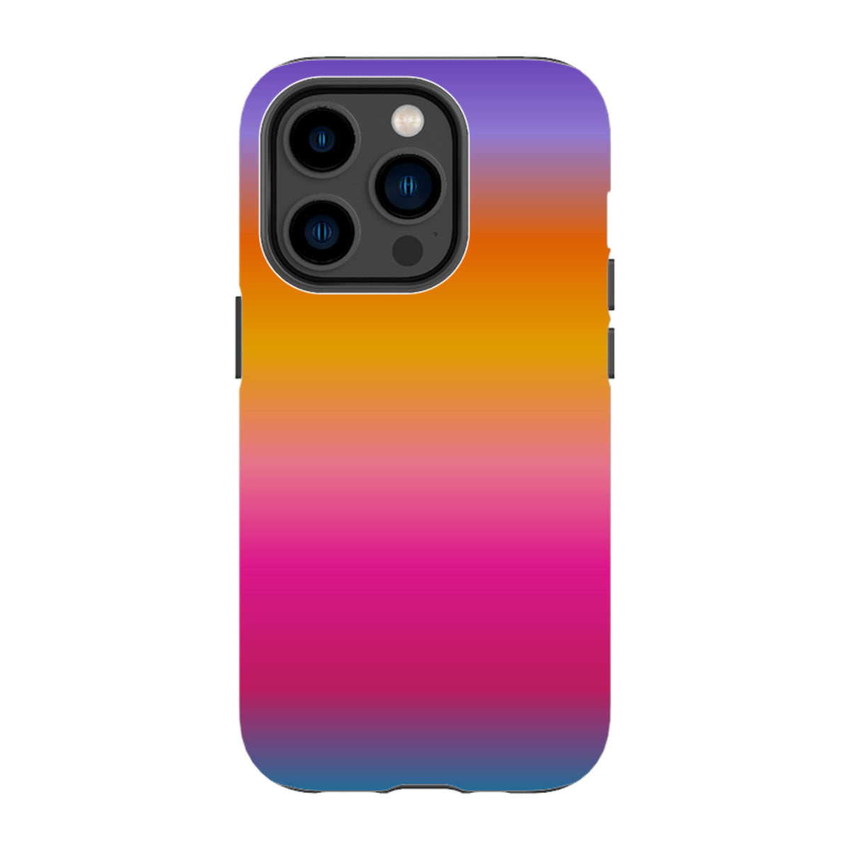 iPhone tough case with a vibrant purple, orange, and pink gradient design and dual-layer protective shell.