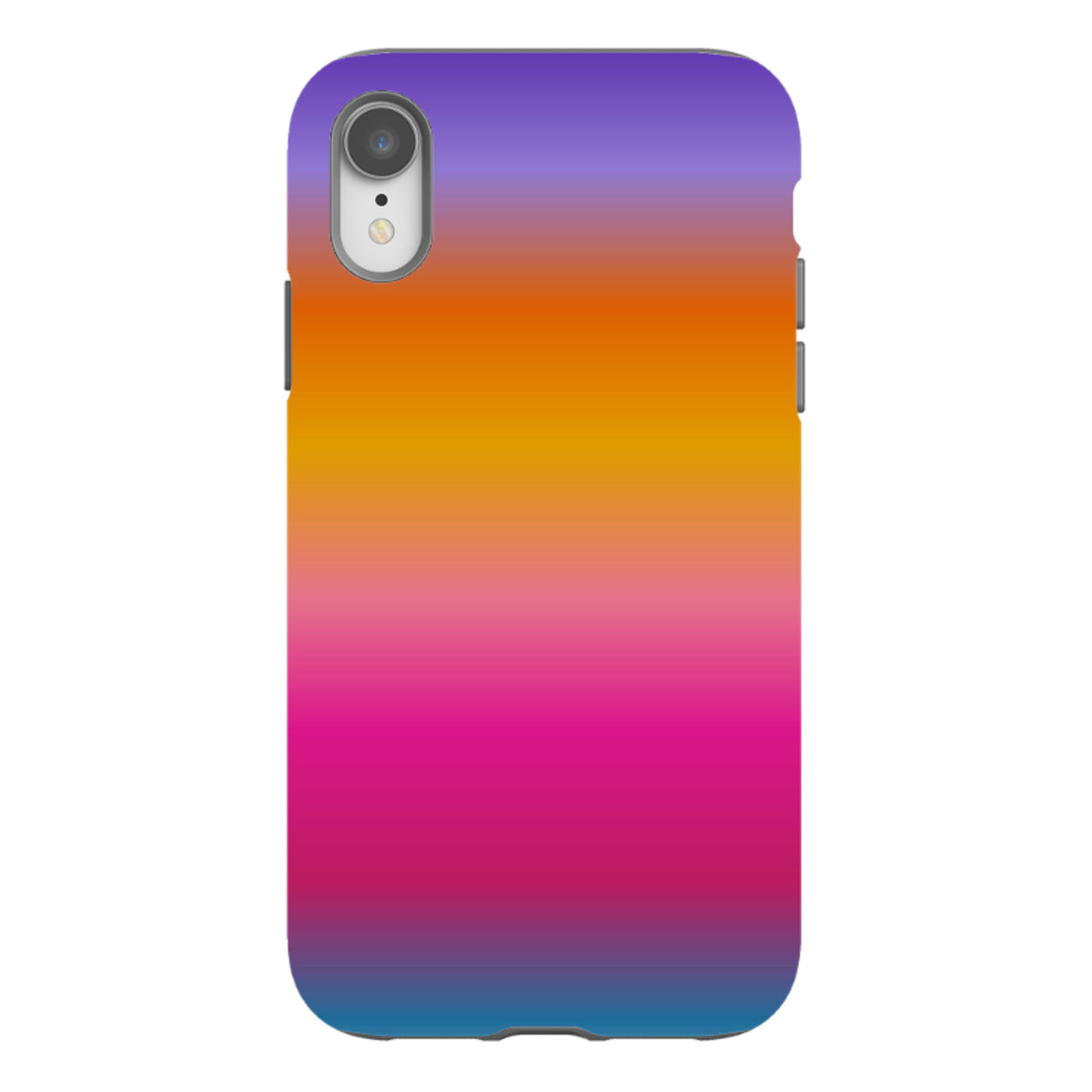 iPhone tough case with a vibrant Aura Sky gradient of purple, orange, pink, and blue in a durable dual-layer design.