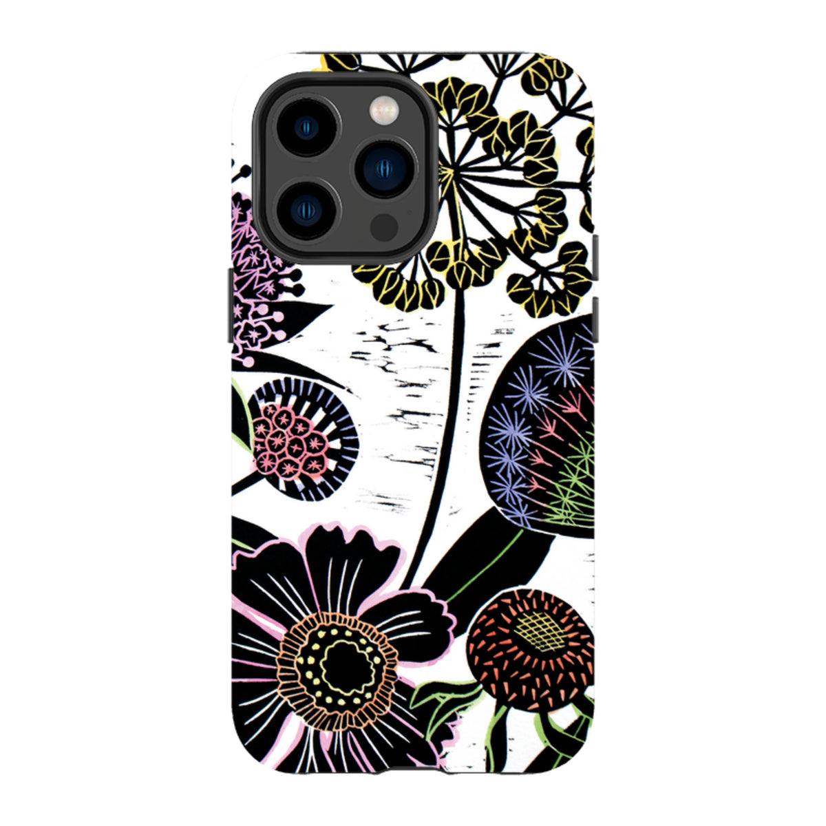 iPhone tough case with Autumn Seeds floral art featuring black, yellow, and pink botanical patterns on a white background.