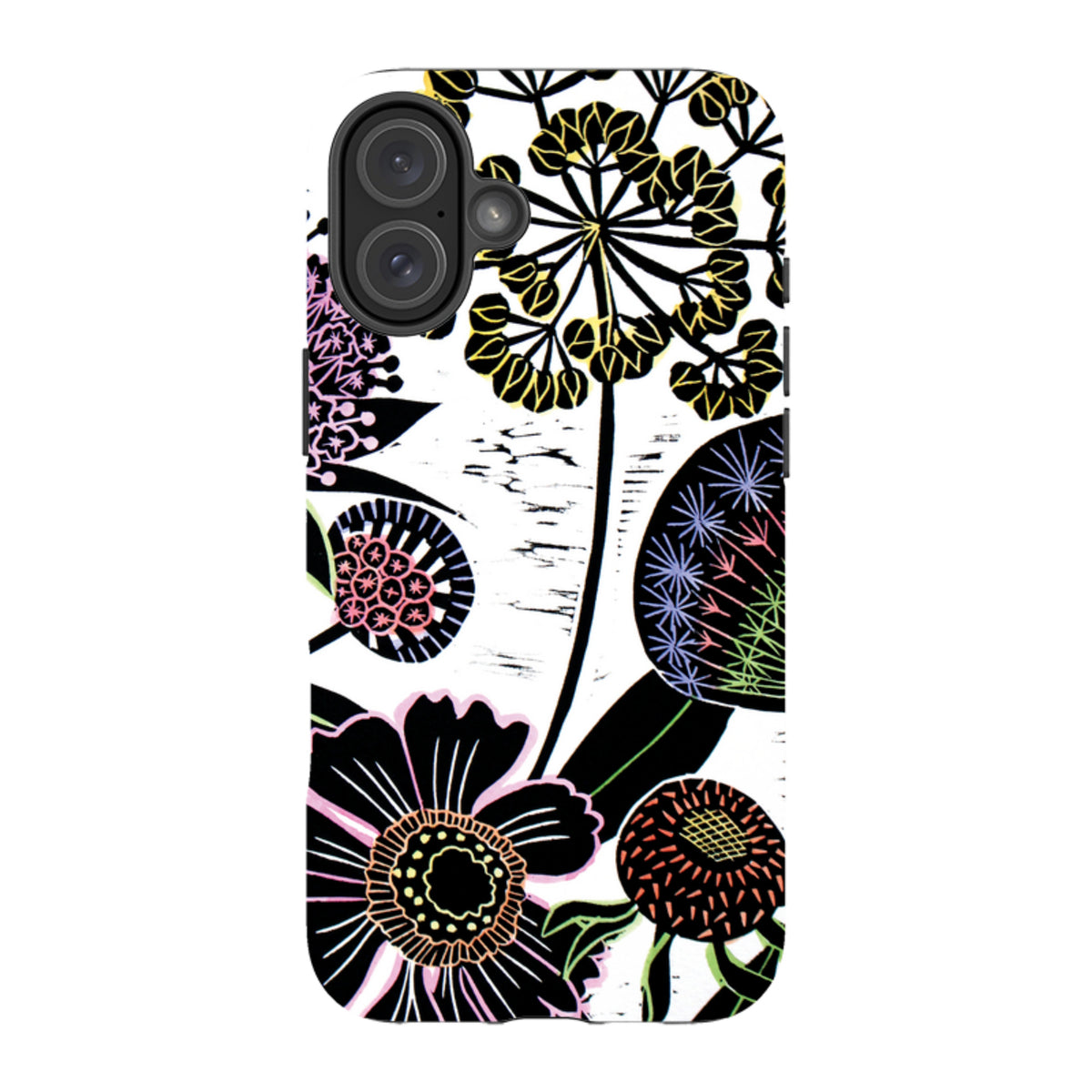 iPhone tough case featuring Kate Heiss Autumn Seeds floral art with black, white, and colorful botanical illustrations.