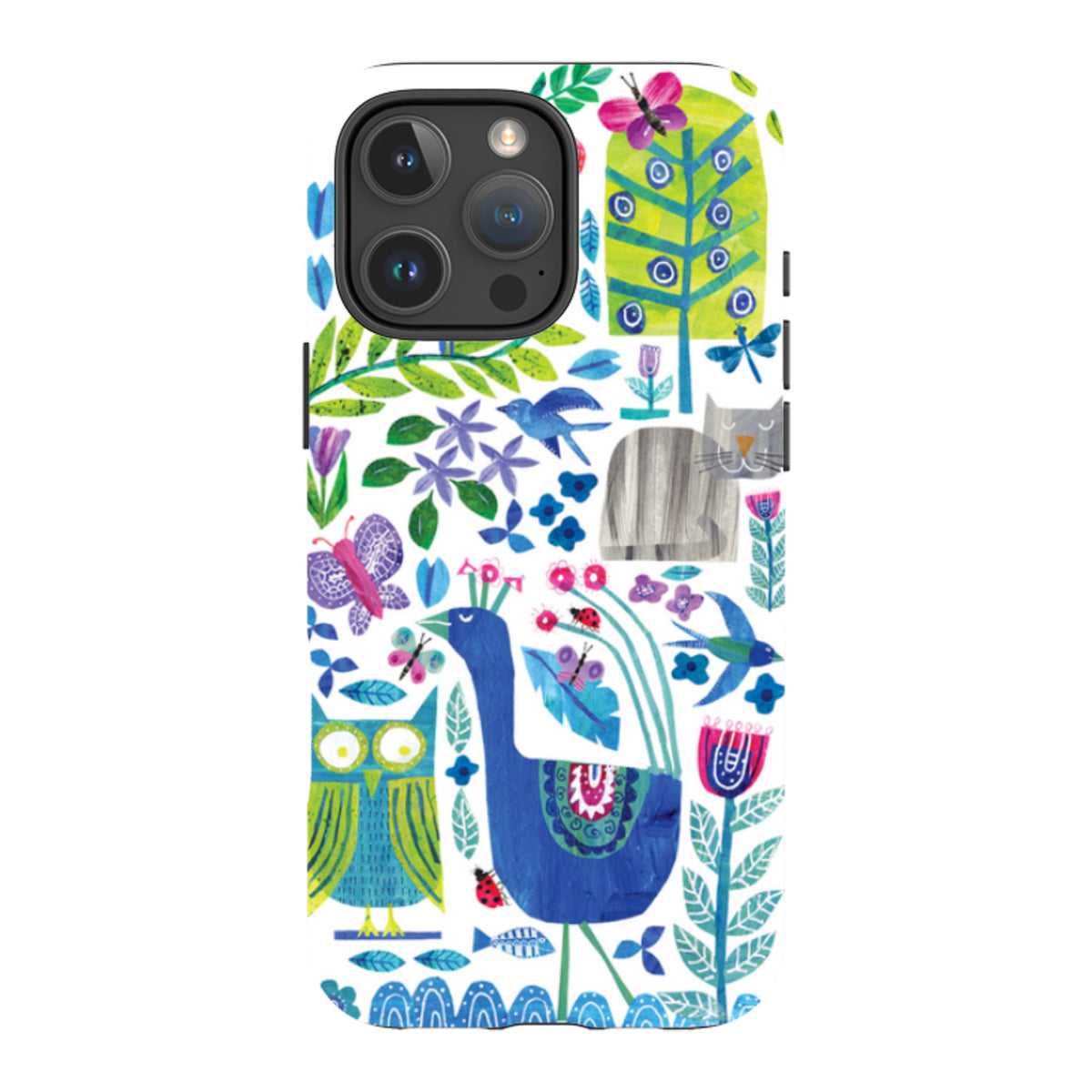 iPhone Tough Case featuring Tracey English's colorful Back Garden art with a peacock, owl, and cat on a white background.