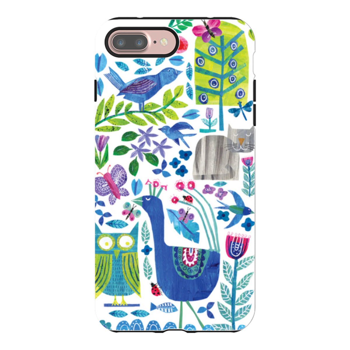 Dual-layer iPhone tough case featuring Tracey English's colorful Back Garden art with birds, a cat, and floral patterns.