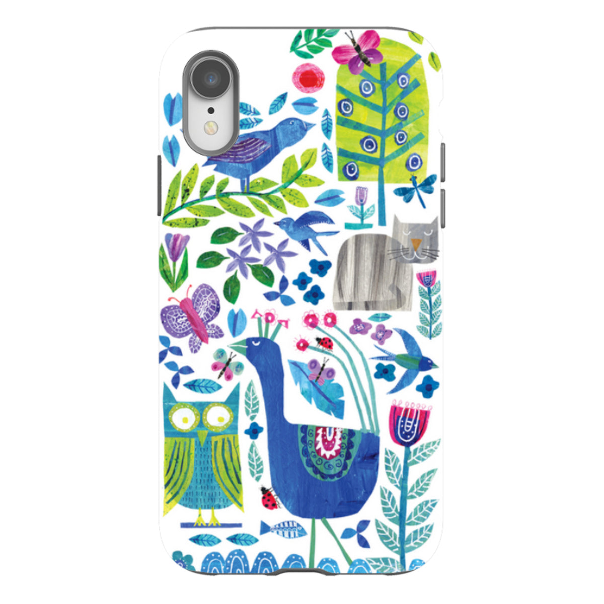 iPhone tough case featuring Tracey English’s colorful Back Garden art with birds, a cat, and flowers on a white background.