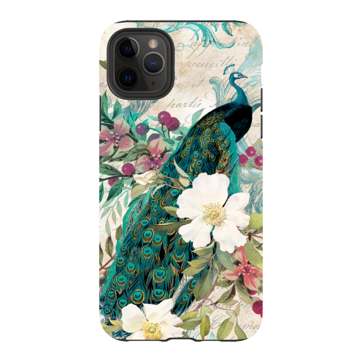 Dual-layer iPhone tough case featuring a vibrant peacock and floral artwork on a vintage-style parchment background.