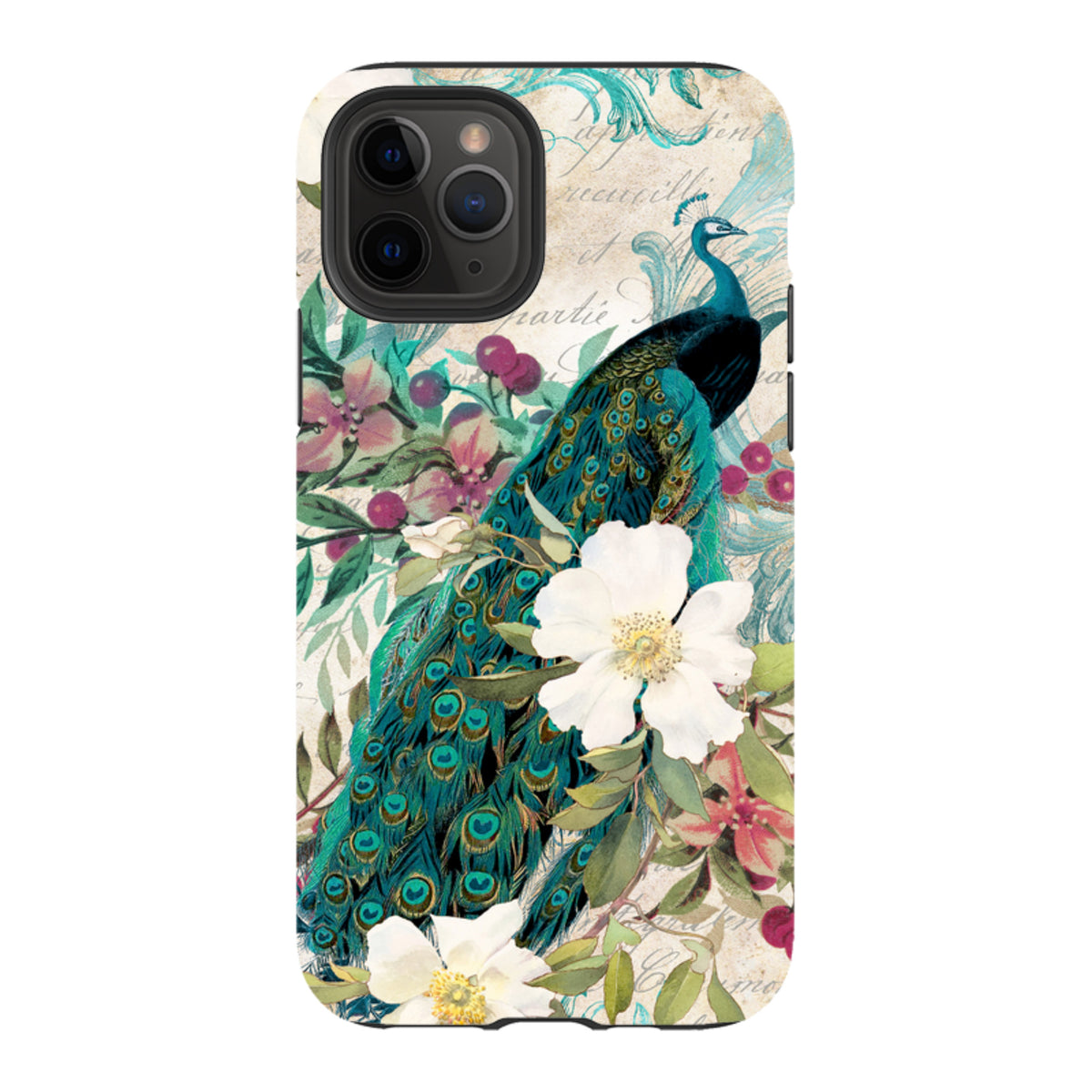 Dual-layer iPhone case featuring a vibrant peacock and floral illustration on a vintage-style background.